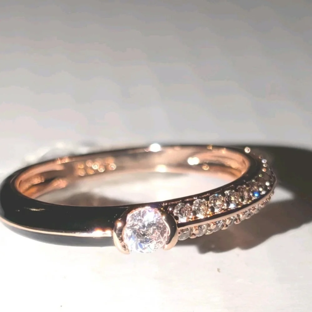Women's 925 Sterling Silver Pavé BlackGolden Dual Cubic Zirconia Dainty Ring Sz6